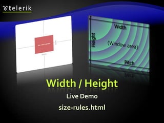 Border CSS Rulesborder-width: thin, medium, thick or numerical value (e.g. 10px)border-color: color alias or RGB valueborder-style: none, hidden, dotted, dashed, solid, double, groove, ridge, inset, outsetEach property can be defined separately for left, top, bottom and rightborder-top-style, border-left-color, …44