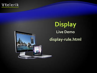 Visibility CSS RulevisibilityDetermines whether the element is visiblehidden: element is not rendered, but still takes place in the rendering (acts like opacity:0)visible: element is rendered normally64