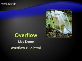 Display CSS Ruledisplay: controls the display of the element and the way it is rendered and if breaks should be placed before and after the elementinline: no breaks are placed before and after (<span> is inline element)block:  breaks are placed before AND after the element (<div> is block element)66