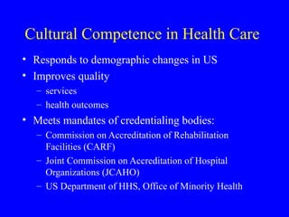 Cultural Competence in Health Care Responds to demographic changes in US Improves quality services health outcomes Meets mandates of credentialing bodies:  Commission on Accreditation of Rehabilitation Facilities (CARF) Joint Commission on Accreditation of Hospital Organizations (JCAHO)  US Department of HHS, Office of Minority Health 