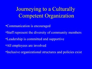 Journeying to a Culturally  Competent Organization Communication is encouraged Staff represent the diversity of community members Leadership is committed and supportive All employees are involved Inclusive organizational structures and policies exist 