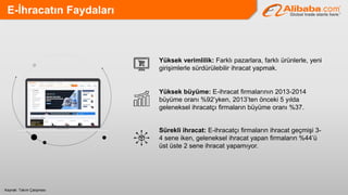 E-İhracatın Faydaları
Kaynak: Takım Çalışması
Yüksek büyüme: E-ihracat firmalarının 2013-2014
büyüme oranı %92’yken, 2013’ten önceki 5 yılda
geleneksel ihracatçı firmaların büyüme oranı %37.
Sürekli ihracat: E-ihracatçı firmaların ihracat geçmişi 3-
4 sene iken, geleneksel ihracat yapan firmaların %44’ü
üst üste 2 sene ihracat yapamıyor.
Yüksek verimlilik: Farklı pazarlara, farklı ürünlerle, yeni
girişimlerle sürdürülebilir ihracat yapmak.
 