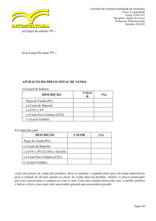 CENTRO DE ENSINO SUPERIOR DE MARABÁ
Curso: Contabilidade
Turma: CON51/61
Disciplina: Análise de Custos
Professora: Pollyanna Souto
Semestre: 2014/02
Página 90
a) Lençol de solteiro: PV =
b) a) Lençol de casal: PV =
APURAÇÃO DO PREÇO TOTAL DE VENDA
a) Lençol de Solteiro
DESCRIÇÃO
VALO
R
(%)
Preço de Venda (PV)
(-) Custo de Material
(-) CVV x PV
(-) Custo Fixo Unitário (CFU)
(=) Lucro Unitário
b) Lençol de casal
DESCRIÇÃO VALOR (%)
Preço de Venda (PV)
(-) Custo de Material
(-) CVV x PV (27,93% x $24,44)
(-) Custo Fixo Unitário (CFU)
(=) Lucro Unitário
A par dos preços de venda dos produtos, deve-se analisar o segundo fator que é de suma importância
para a tomada de decisão quanto ao preço de venda ideal do produto. Analise os preços praticados
por seus concorrentes e compare-os com os seus. Caso eles estejam abaixo dos seus, a melhor política
é baixar o lucro, pois mais vale um produto girando que um produto parado.
 