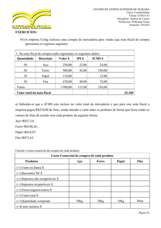 CENTRO DE ENSINO SUPERIOR DE MARABÁ
Curso: Contabilidade
Turma: CON51/61
Disciplina: Análise de Custos
Professora: Pollyanna Souto
Semestre: 2014/02
Página 93
EXERCICIOS:
01) A empresa Cofag realizou uma compra de mercadoria para venda cuja nota fiscal de compra
apresentou os registros seguintes:
1. Na nota fiscal de compra estão registrados os seguintes dados:
Quantidade Descrição Valor $ IPI $ ICMS $
50 Aço 250,00 22,00 24,00
20 Ferro 960,00 45,00 108,00
10 Papel 110,00 - 12,00
30 Fita 670,00 48,00 72,00
Totais 1.990,00 115,00 216,00
Valor total da nota fiscal $2.105
a) Sabendo-se que o ICMS esta incluso no valor total da mercadoria e que para esta nota fiscal a
empresa pagou R$210,00 de frete, sendo rateado o valor entre os produtos de forma que ficou sendo os
valores do frete de acordo com cada produto da seguinte forma:
Aço=R$27,14;
Ferro=R$100,26;
Papel=R$10,97;
Fita=R$71,63.
Calcule o custo comercial de compra de cada produto:
Custo Comercial de compra de cada produto
Produtos Aço Ferro Papel Fita
(+) Custo na fatura $
(–) Descontos NF $
(+) Impostos não recuperáveis $
(–) Impostos recuperáveis $
(+) Fretes/seguros/outros $
(=) Custo total $
(÷) Quantidade comprada 50kg 20kg 10kg 30mt
(=)Custo unitario $
 