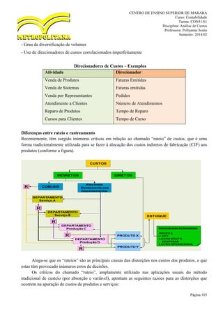 CENTRO DE ENSINO SUPERIOR DE MARABÁ
Curso: Contabilidade
Turma: CON51/61
Disciplina: Análise de Custos
Professora: Pollyanna Souto
Semestre: 2014/02
Página 105
- Grau de diversificação de volumes
- Uso de direcionadores de custos correlacionados imperfeitamente
Direcionadores de Custos – Exemplos
Atividade Direcionador
Venda de Produtos
Venda de Sistemas
Venda por Representantes
Atendimento a Clientes
Reparo de Produtos
Cursos para Clientes
Faturas Emitidas
Faturas emitidas
Pedidos
Número de Atendimentos
Tempo de Reparo
Tempo de Curso
Diferenças entre rateio e rastreamento
Recentemente, têm surgido inúmeras criticas em relação ao chamado “rateio” de custos, que é uma
forma tradicionalmente utilizada para se fazer à alocação dos custos indiretos de fabricação (CIF) aos
produtos (conforme a figura).
Alega-se que os “rateios” são as principais causas das distorções nos custos dos produtos, e que
estas têm provocado inúmeros erros de decisões.
Os críticos do chamado “rateio”, amplamente utilizado nas aplicações usuais do método
tradicional de custeio (por absorção e variável), apontam as seguintes razoes para as distorções que
ocorrem na apuração de custos de produtos e serviços:
CUSTOS
DIRETOS
DEPARTAMENTO
Serviço B
DEPARTAMENTO
Serviço A
Alocáveis
Diretamente aos
Departamentos
INDIRETOS
COMUNS
PRODUTO X
DEPARTAMENTO
Produção D
DEPARTAMENTO
Produção C
ESTOQUE
R
R
R
R
R
Demonstração de Resultados
RECEITA
CPV
LUCRO BRUTO
DESPESAS
LUCRO OPERACIONAL
PRODUTO Y
 