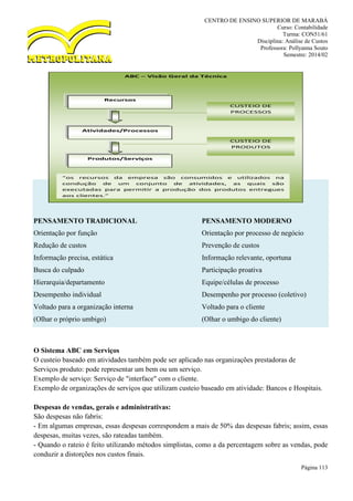 CENTRO DE ENSINO SUPERIOR DE MARABÁ
Curso: Contabilidade
Turma: CON51/61
Disciplina: Análise de Custos
Professora: Pollyanna Souto
Semestre: 2014/02
Página 113
PENSAMENTO TRADICIONAL PENSAMENTO MODERNO
Orientação por função Orientação por processo de negócio
Redução de custos Prevenção de custos
Informação precisa, estática Informação relevante, oportuna
Busca do culpado Participação proativa
Hierarquia/departamento Equipe/células de processo
Desempenho individual Desempenho por processo (coletivo)
Voltado para a organização interna Voltado para o cliente
(Olhar o próprio umbigo) (Olhar o umbigo do cliente)
O Sistema ABC em Serviços
O custeio baseado em atividades também pode ser aplicado nas organizações prestadoras de
Serviços produto: pode representar um bem ou um serviço.
Exemplo de serviço: Serviço de "interface" com o cliente.
Exemplo de organizações de serviços que utilizam custeio baseado em atividade: Bancos e Hospitais.
Despesas de vendas, gerais e administrativas:
São despesas não fabris:
- Em algumas empresas, essas despesas correspondem a mais de 50% das despesas fabris; assim, essas
despesas, muitas vezes, são rateadas também.
- Quando o rateio é feito utilizando métodos simplistas, como a da percentagem sobre as vendas, pode
conduzir a distorções nos custos finais.
ABC – Visão Geral da Técnica
Recursos
Atividades/Processos
Produtos/Serviços
CUSTEIO DE
PROCESSOS
CUSTEIO DE
PRODUTOS
“os recursos da empresa são consumidos e utilizados na
condução de um conjunto de atividades, as quais são
executadas para permitir a produção dos produtos entregues
aos clientes.”
 