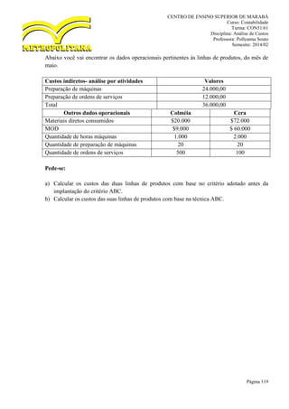 CENTRO DE ENSINO SUPERIOR DE MARABÁ
Curso: Contabilidade
Turma: CON51/61
Disciplina: Análise de Custos
Professora: Pollyanna Souto
Semestre: 2014/02
Página 119
Abaixo você vai encontrar os dados operacionais pertinentes às linhas de produtos, do mês de
maio.
Custos indiretos- análise por atividades Valores
Preparação de máquinas 24.000,00
Preparação de ordens de serviços 12.000,00
Total 36.000,00
Outros dados operacionais Colméia Cera
Materiais diretos consumidos $20.000 $72.000
MOD $9.000 $ 60.000
Quantidade de horas máquinas 1.000 2.000
Quantidade de preparação de máquinas 20 20
Quantidade de ordens de serviços 500 100
Pede-se:
a) Calcular os custos das duas linhas de produtos com base no critério adotado antes da
implantação do critério ABC.
b) Calcular os custos das suas linhas de produtos com base na técnica ABC.
 