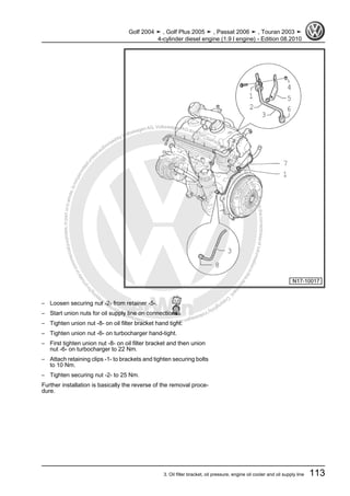 Protectedbycopyright.Copyi
ngforprivateorcommercialpurposes,inpartorinwhole,isnotpermittedunle
ssauthorisedbyVolkswagenAG.VolkswagenAGdoesnot guaranteeorac
ceptanyliabilitywithrespecttothecorrectnessofinformationinthisdocum
en
t.CopyrightbyVolkswagenAG.
– Loosen securing nut -2- from retainer -5-.
– Start union nuts for oil supply line on connections.
– Tighten union nut -8- on oil filter bracket hand tight.
– Tighten union nut -6- on turbocharger hand-tight.
– First tighten union nut -8- on oil filter bracket and then union
nut -6- on turbocharger to 22 Nm.
– Attach retaining clips -1- to brackets and tighten securing bolts
to 10 Nm.
– Tighten securing nut -2- to 25 Nm.
Further installation is basically the reverse of the removal proce‐
dure.
Golf 2004 ➤ , Golf Plus 2005 ➤ , Passat 2006 ➤ , Touran 2003 ➤
4-cylinder diesel engine (1.9 l engine) - Edition 08.2010
3. Oil filter bracket, oil pressure, engine oil cooler and oil supply line 113
 