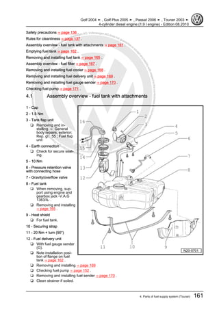 Protectedbycopyright.Copyi
ngforprivateorcommercialpurposes,inpartorinwhole,isnotpermittedunle ssauthorisedbyVolkswagenAG.VolkswagenAGdoesnot guaranteeorac
ceptanyliabilitywithrespecttothecorrectnessofinformationinthisdocum
ent.CopyrightbyVolkswagenAG.
Safety precautions ⇒ page 136 .
Rules for cleanliness ⇒ page 137 .
Assembly overview - fuel tank with attachments ⇒ page 161 .
Emptying fuel tank ⇒ page 162 .
Removing and installing fuel tank ⇒ page 165 .
Assembly overview - fuel filter ⇒ page 167 .
Removing and installing fuel cooler ⇒ page 168 .
Removing and installing fuel delivery unit ⇒ page 169 .
Removing and installing fuel gauge sender ⇒ page 170 .
Checking fuel pump ⇒ page 171 .
4.1 Assembly overview - fuel tank with attachments
1 - Cap
2 - 1.5 Nm
3 - Tank flap unit
❑ Removing and in‐
stalling. ⇒ General
body repairs, exterior;
Rep. gr. 55 ; Fuel flap
unit
4 - Earth connection
❑ Check for secure seat‐
ing.
5 - 10 Nm
6 - Pressure retention valve
with connecting hose
7 - Gravity/overflow valve
8 - Fuel tank
❑ When removing, sup‐
port using engine and
gearbox jack -V.A.G
1383/A- .
❑ Removing and installing
⇒ page 165 .
9 - Heat shield
❑ For fuel tank.
10 - Securing strap
11 - 20 Nm + turn (90°)
12 - Fuel delivery unit
❑ With fuel gauge sender
(G).
❑ Note installation posi‐
tion of flange on fuel
tank ⇒ page 162 .
❑ Removing and installing ⇒ page 169
❑ Checking fuel pump ⇒ page 152 .
❑ Removing and installing fuel sender ⇒ page 170 .
❑ Clean strainer if soiled.
Golf 2004 ➤ , Golf Plus 2005 ➤ , Passat 2006 ➤ , Touran 2003 ➤
4-cylinder diesel engine (1.9 l engine) - Edition 08.2010
4. Parts of fuel supply system (Touran) 161
 