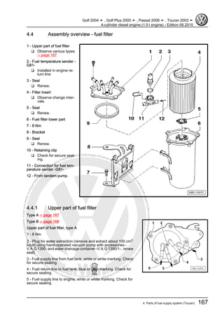 Protectedbycopyright.Copyi
ngforprivateorcommercialpurposes,inpartorinwhole,isnotpermittedunle
ssauthorisedbyVolkswagenAG.VolkswagenAGdoesnot guaranteeorac
ceptanyliabilitywithrespecttothecorrectnessofinformationinthisdocum
en
t.CopyrightbyVolkswagenAG.
4.4 Assembly overview - fuel filter
1 - Upper part of fuel filter
❑ Observe various types
⇒ page 167
2 - Fuel temperature sender -
G81-
❑ Installed in engine re‐
turn line
3 - Seal
❑ Renew.
4 - Filter insert
❑ Observe change inter‐
vals.
5 - Seal
❑ Renew.
6 - Fuel filter lower part
7 - 8 Nm
8 - Bracket
9 - Seal
❑ Renew.
10 - Retaining clip
❑ Check for secure seat‐
ing.
11 - Connection for fuel tem‐
perature sender -G81-
12 - From tandem pump.
4.4.1 Upper part of fuel filter
Type A ⇒ page 167
Type B ⇒ page 168
Upper part of fuel filter, type A
1 - 8 Nm
2 - Plug for water extraction (remove and extract about 100 cm3
liquid using hand-operated vacuum pump with accessories -
V.A.G 1390- and water drainage container -V.A.G 1390/1- , renew
seal)
3 - Fuel supply line from fuel tank, white or white marking. Check
for secure seating.
4 - Fuel return line to fuel tank, blue or blue marking. Check for
secure seating.
5 - Fuel supply line to engine, white or white marking. Check for
secure seating.
Golf 2004 ➤ , Golf Plus 2005 ➤ , Passat 2006 ➤ , Touran 2003 ➤
4-cylinder diesel engine (1.9 l engine) - Edition 08.2010
4. Parts of fuel supply system (Touran) 167
 