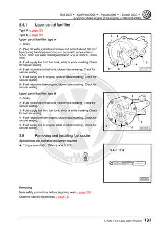 Protectedbycopyright.Copyi
ngforprivateorcommercialpurposes,inpartorinwhole,isnotpermittedunle
ssauthorisedbyVolkswagenAG.VolkswagenAGdoesnot guaranteeorac
ceptanyliabilitywithrespecttothecorrectnessofinformationinthisdocum
en
t.CopyrightbyVolkswagenAG.
5.4.1 Upper part of fuel filter
Type A ⇒ page 191
Type B ⇒ page 191
Upper part of fuel filter, type A
1 - 8 Nm
2 - Plug for water extraction (remove and extract about 100 cm3
liquid using hand-operated vacuum pump with accessories -
V.A.G 1390- and water drainage container -V.A.G 1390/1- , renew
seal)
3 - Fuel supply line from fuel tank, white or white marking. Check
for secure seating.
4 - Fuel return line to fuel tank, blue or blue marking. Check for
secure seating.
5 - Fuel supply line to engine, white or white marking. Check for
secure seating.
6 - Fuel return line from engine, blue or blue marking. Check for
secure seating.
Upper part of fuel filter, type B
1 - 5 Nm
2 - Fuel return line to fuel tank, blue or blue marking. Check for
secure seating.
3 - Fuel supply line from fuel tank, white or white marking. Check
for secure seating.
4 - Fuel return line from engine, blue or blue marking. Check for
secure seating.
5 - Fuel supply line to engine, white or white marking. Check for
secure seating.
5.5 Removing and installing fuel cooler
Special tools and workshop equipment required
♦ Torque wrench (5... 50 Nm) -V.A.G 1331-
Removing
Note safety precautions before beginning work ⇒ page 136 .
Observe rules for cleanliness ⇒ page 137 .
Golf 2004 ➤ , Golf Plus 2005 ➤ , Passat 2006 ➤ , Touran 2003 ➤
4-cylinder diesel engine (1.9 l engine) - Edition 08.2010
5. Parts of fuel supply system (Passat) 191
 