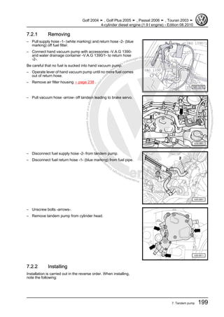 Protectedbycopyright.Copyi
ngforprivateorcommercialpurposes,inpartorinwhole,isnotpermittedunle
ssauthorisedbyVolkswagenAG.VolkswagenAGdoesnot guaranteeorac
ceptanyliabilitywithrespecttothecorrectnessofinformationinthisdocum
en
t.CopyrightbyVolkswagenAG.
7.2.1 Removing
– Pull supply hose -1- (white marking) and return hose -2- (blue
marking) off fuel filter.
– Connect hand vacuum pump with accessories -V.A.G 1390-
and water drainage container -V.A.G 1390/1- to return hose
-2-.
Be careful that no fuel is sucked into hand vacuum pump.
– Operate lever of hand vacuum pump until no more fuel comes
out of return hose.
– Remove air filter housing ⇒ page 238 .
– Pull vacuum hose -arrow- off tandem leading to brake servo.
– Disconnect fuel supply hose -2- from tandem pump.
– Disconnect fuel return hose -1- (blue marking) from fuel pipe.
– Unscrew bolts -arrows-.
– Remove tandem pump from cylinder head.
7.2.2 Installing
Installation is carried out in the reverse order. When installing,
note the following:
Golf 2004 ➤ , Golf Plus 2005 ➤ , Passat 2006 ➤ , Touran 2003 ➤
4-cylinder diesel engine (1.9 l engine) - Edition 08.2010
7. Tandem pump 199
 