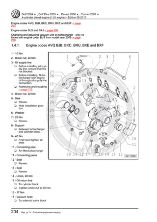 Protectedbycopyright.Copyi
ngforprivateorcommercialpurposes,inpartorinwhole,isnotpermittedunle
ssauthorisedbyVolkswagenAG.VolkswagenAGdoesnot guaranteeorac
ceptanyliabilitywithrespecttothecorrectnessofinformationinthisdocum
en
t.CopyrightbyVolkswagenAG.
Engine codes AVQ, BJB, BKC, BRU, BXE and BXF ⇒ page
204
Engine codes BLS and BXJ ⇒ page 206
Changing and adjusting vacuum unit on turbocharger - only ve‐
hicles with engine code: BLS from model year 2008 ⇒ page
208
1.4.1 Engine codes AVQ BJB, BKC, BRU, BXE and BXF
1 - 10 Nm
2 - Union nut, 22 Nm
3 - Oil supply line
❑ Before installing oil sup‐
ply line, ensure that it is
not blocked.
❑ Before installing, fill tur‐
bocharger with engine
oil through oil supply line
connection.
❑ Removing and installing
⇒ page 112
4 - Union nut, 22 Nm
5 - Seal
❑ Renew.
❑ Note installation posi‐
tion.
6 - Washer
7 - 25 Nm
❑ Renew.
8 - Support
❑ Between turbocharger
and cylinder block.
9 - 40 Nm
❑ First hand tighten all
bolts
10 - Connecting pipe
❑ Air filter/turbocharger
11 - Connecting piece
12 - Seal
❑ Renew.
13 - Seal
❑ Renew.
14 - Union, 40 Nm
15 - Oil return line
❑ To cylinder block.
❑ Tighten union nut to 30 Nm.
16 - 17 Nm
17 - Vacuum hose
❑ To solenoid valve block
Golf 2004 ➤ , Golf Plus 2005 ➤ , Passat 2006 ➤ , Touran 2003 ➤
4-cylinder diesel engine (1.9 l engine) - Edition 08.2010
204 Rep. gr.21 - Turbocharging/supercharging
 