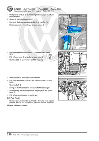 Protectedbycopyright.Copyi
ngforprivateorcommercialpurposes,inpartorinwhole,isnotpermittedunle
ssauthorisedbyVolkswagenAG.VolkswagenAGdoesnot guaranteeorac
ceptanyliabilitywithrespecttothecorrectnessofinformationinthisdocum
en
t.CopyrightbyVolkswagenAG.
– Unclip lower air duct -2- by releasing retaining clips on left and
right -arrow A-.
– Unclip air duct at mountings -3-.
– Swing air duct downwards and slightly to rear for this.
– Detach air pipe -1- from lower air duct -arrow B-.
– Disconnect electrical connector -1- from air mass meter -
G70- .
– Pull off vent hose -3- and also air duct hose -2-.
– Remove bolt -4- and remove air filter housing.
– Detach hose -2- from crankcase breather.
– Lay aside ventilation hose -4- and vacuum hoses -1- at air
hose.
– Unscrew bolt -3-.
– Swing air duct hose to rear and pull off of turbocharger.
– Seal opening in turbocharger with the plug from the spare-
parts kit.
– Pull off vacuum hose on turbocharger.
Golf Plus, Touran
– Remove plenum chamber bulkhead ⇒ General body repairs,
exterior; Rep. gr. 50 ; Body - front, plenum chamber bulkhead .
All other vehicles continued
Golf 2004 ➤ , Golf Plus 2005 ➤ , Passat 2006 ➤ , Touran 2003 ➤
4-cylinder diesel engine (1.9 l engine) - Edition 08.2010
210 Rep. gr.21 - Turbocharging/supercharging
 