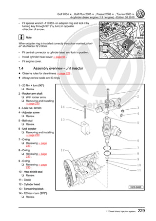 Protectedbycopyright.Copyi
ngforprivateorcommercialpurposes,inpartorinwhole,isnotpermittedunle
ssauthorisedbyVolkswagenAG.VolkswagenAGdoesnot guaranteeorac
ceptanyliabilitywithrespecttothecorrectnessofinformationinthisdocum
en
t.CopyrightbyVolkswagenAG.
– Fit special wrench -T10310- on adapter ring and lock it by
turning key through 90° (1/4 turn) in opposite
-direction of arrow-.
Note
When adapter ring is installed correctly the colour marked „short‐
er“ stud faces 12 o'clock.
– Fit central connector to cylinder head and lock in position.
– Install cylinder head cover ⇒ page 64 .
– Fit engine cover.
1.4 Assembly overview - unit injector
♦ Observe rules for cleanliness ⇒ page 226 .
♦ Always renew seals and O-rings
1 - 20 Nm + turn (90°)
❑ Renew.
2 - Rocker arm shaft
❑ With rocker arms
❑ Removing and installing
⇒ page 230
3 - Lock nut, 30 Nm
4 - Adjuster screw
❑ Renew.
5 - Ball stud
❑ Renew.
6 - Unit injector
❑ Removing and installing
⇒ page 230
7 - O-ring
❑ Renewing ⇒ page
233 .
8 - O-ring
❑ Renewing ⇒ page
233 .
9 - O-ring
❑ Renewing ⇒ page
233 .
10 - Heat shield seal
❑ Renew.
11 - Circlip
12 - Cylinder head
13 - Tensioning block
14 - 12 Nm + turn (270°)
❑ Renew.
Golf 2004 ➤ , Golf Plus 2005 ➤ , Passat 2006 ➤ , Touran 2003 ➤
4-cylinder diesel engine (1.9 l engine) - Edition 08.2010
1. Diesel direct injection system 229
 