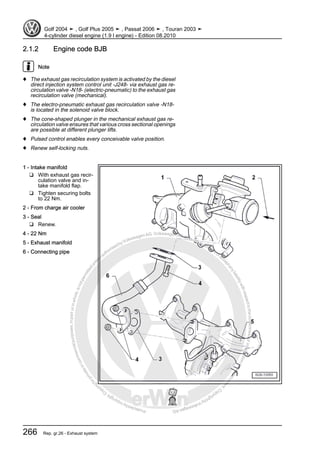 Protectedbycopyright.Copyi
ngforprivateorcommercialpurposes,inpartorinwhole,isnotpermittedunle
ssauthorisedbyVolkswagenAG.VolkswagenAGdoesnot guaranteeorac
ceptanyliabilitywithrespecttothecorrectnessofinformationinthisdocum
en
t.CopyrightbyVolkswagenAG.
2.1.2 Engine code BJB
Note
♦ The exhaust gas recirculation system is activated by the diesel
direct injection system control unit -J248- via exhaust gas re‐
circulation valve -N18- (electric-pneumatic) to the exhaust gas
recirculation valve (mechanical).
♦ The electro-pneumatic exhaust gas recirculation valve -N18-
is located in the solenoid valve block.
♦ The cone-shaped plunger in the mechanical exhaust gas re‐
circulation valve ensures that various cross sectional openings
are possible at different plunger lifts.
♦ Pulsed control enables every conceivable valve position.
♦ Renew self-locking nuts.
1 - Intake manifold
❑ With exhaust gas recir‐
culation valve and in‐
take manifold flap.
❑ Tighten securing bolts
to 22 Nm.
2 - From charge air cooler
3 - Seal
❑ Renew.
4 - 22 Nm
5 - Exhaust manifold
6 - Connecting pipe
Golf 2004 ➤ , Golf Plus 2005 ➤ , Passat 2006 ➤ , Touran 2003 ➤
4-cylinder diesel engine (1.9 l engine) - Edition 08.2010
266 Rep. gr.26 - Exhaust system
 