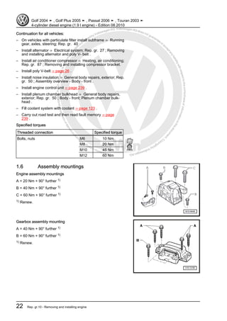 Protectedbycopyright.Copyi
ngforprivateorcommercialpurposes,inpartorinwhole,isnotpermittedunle
ssauthorisedbyVolkswagenAG.VolkswagenAGdoesnot guaranteeorac
ceptanyliabilitywithrespecttothecorrectnessofinformationinthisdocum
en
t.CopyrightbyVolkswagenAG.
Continuation for all vehicles:
– On vehicles with particulate filter install subframe ⇒ Running
gear, axles, steering; Rep. gr. 40
– Install alternator ⇒ Electrical system; Rep. gr. 27 ; Removing
and installing alternator and poly V- belt .
– Install air conditioner compressor ⇒ Heating, air conditioning;
Rep. gr. 87 ; Removing and installing compressor bracket.
– Install poly V-belt ⇒ page 26 .
– Install noise insulation ⇒ General body repairs, exterior; Rep.
gr. 50 ; Assembly overview - Body - front .
– Install engine control unit ⇒ page 239 .
– Install plenum chamber bulkhead ⇒ General body repairs,
exterior; Rep. gr. 50 ; Body - front; Plenum chamber bulk‐
head .
– Fill coolant system with coolant ⇒ page 123 .
– Carry out road test and then read fault memory ⇒ page
239 .
Specified torques
Threaded connection Specified torque
Bolts, nuts M6 10 Nm
M8 20 Nm
M10 45 Nm
M12 60 Nm
1.6 Assembly mountings
Engine assembly mountings
A = 20 Nm + 90° further 1)
B = 40 Nm + 90° further 1)
C = 60 Nm + 90° further 1)
1) Renew.
Gearbox assembly mounting
A = 40 Nm + 90° further 1)
B = 60 Nm + 90° further 1)
1) Renew.
Golf 2004 ➤ , Golf Plus 2005 ➤ , Passat 2006 ➤ , Touran 2003 ➤
4-cylinder diesel engine (1.9 l engine) - Edition 08.2010
22 Rep. gr.10 - Removing and installing engine
 