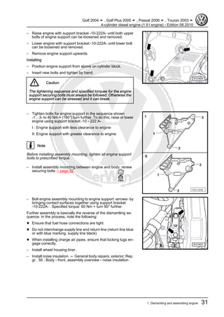 Protectedbycopyright.Copyi
ngforprivateorcommercialpurposes,inpartorinwhole,isnotpermittedunle
ssauthorisedbyVolkswagenAG.VolkswagenAGdoesnot guaranteeorac
ceptanyliabilitywithrespecttothecorrectnessofinformationinthisdocum
en
t.CopyrightbyVolkswagenAG.
– Raise engine with support bracket -10-222A- until both upper
bolts of engine support can be loosened and removed.
– Lower engine with support bracket -10-222A- until lower bolt
can be loosened and removed.
– Remove engine support upwards.
Installing
– Position engine support from above on cylinder block.
– Insert new bolts and tighten by hand.
Caution
The tightening sequence and specified torques for the engine
support securing bolts must always be followed. Otherwise the
engine support can be stressed and it can break.
– Tighten bolts for engine support in the sequence shown
-1…3- to 40 Nm + (180°) turn further. To do this, raise or lower
engine using support bracket -10 - 222 A- .
I : Engine support with less clearance to engine
II: Engine support with greater clearance to engine
Note
Before installing assembly mounting, tighten all engine support
bolts to prescribed torque.
– Install assembly mounting between engine and body, renew
securing bolts ⇒ page 22 .
– Bolt engine assembly mounting to engine support -arrows- by
bringing contact surfaces together using support bracket
-10-222A- . Specified torque: 60 Nm + turn 90° further.
Further assembly is basically the reverse of the dismantling se‐
quence. In the process, note the following:
♦ Ensure that fuel hose connections are tight.
♦ Do not interchange supply line and return line (return line blue
or with blue marking, supply line black).
♦ When installing charge air pipes, ensure that locking lugs en‐
gage correctly.
– Install wheel housing liner.
– Install noise insulation. ⇒ General body repairs, exterior; Rep.
gr. 50 ; Body - front, assembly overview - noise insulation .
Golf 2004 ➤ , Golf Plus 2005 ➤ , Passat 2006 ➤ , Touran 2003 ➤
4-cylinder diesel engine (1.9 l engine) - Edition 08.2010
1. Dismantling and assembling engine 31
 
