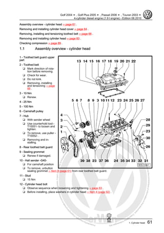 Protectedbycopyright.Copyi
ngforprivateorcommercialpurposes,inpartorinwhole,isnotpermittedunle
ssauthorisedbyVolkswagenAG.VolkswagenAGdoesnot guaranteeorac
ceptanyliabilitywithrespecttothecorrectnessofinformationinthisdocum
en
t.CopyrightbyVolkswagenAG.
Assembly overview - cylinder head ⇒ page 61 .
Removing and installing cylinder head cover ⇒ page 64 .
Removing, installing and tensioning toothed belt ⇒ page 66 .
Removing and installing cylinder head ⇒ page 83 .
Checking compression ⇒ page 89 .
1.1 Assembly overview - cylinder head
1 - Toothed belt guard upper
part
2 - Toothed belt
❑ Mark direction of rota‐
tion before removing.
❑ Check for wear.
❑ Do not kink.
❑ Removing, installing
and tensioning ⇒ page
66 .
3 - 10 Nm
❑ Renew.
4 - 25 Nm
5 - 100 Nm
6 - Camshaft pulley
7 - Hub
❑ With sender wheel
❑ Use counterhold tool -
T10051- to loosen and
tighten.
❑ To remove, use puller -
T10052- .
❑ Removing and in‐
stalling.
8 - Rear toothed belt guard
9 - Sealing grommet
❑ Renew if damaged.
10 - Hall sender -G40-
❑ For camshaft position
❑ To remove, unbutton
sealing grommet ⇒ Item 9 (page 61) from rear toothed belt guard.
11 - Stud
❑ 15 Nm
12 - Cylinder head bolt
❑ Observe sequence when loosening and tightening ⇒ page 83 .
❑ Before installing, place washers in cylinder head ⇒ Item 4 (page 92) .
Golf 2004 ➤ , Golf Plus 2005 ➤ , Passat 2006 ➤ , Touran 2003 ➤
4-cylinder diesel engine (1.9 l engine) - Edition 08.2010
1. Cylinder head 61
 