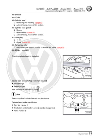 Protectedbycopyright.Copyi
ngforprivateorcommercialpurposes,inpartorinwhole,isnotpermittedunle
ssauthorisedbyVolkswagenAG.VolkswagenAGdoesnot guaranteeorac
ceptanyliabilitywithrespecttothecorrectnessofinformationinthisdocum
en
t.CopyrightbyVolkswagenAG.
33 - Bracket
34 - 20 Nm
35 - Cylinder head
❑ Removing and installing ⇒ page 83
❑ After renewing, renew entire coolant.
36 - Cylinder head gasket
❑ Renew.
❑ Note marking ⇒ page 63 .
❑ After renewing, renew entire coolant.
37 - Glow plug
❑ 15 Nm
❑ Check ⇒ page 269 .
38 - Tensioning roller
❑ Remove engine support in order to remove and install ⇒ page 29 .
39 - 20 Nm + turn (45°)
Checking cylinder head for distortion
Special tools and workshop equipment required
♦ Straight edge
♦ Feeler gauges
Max. permissible distortion: 0.1 mm.
Note
Reworking diesel cylinder heads is not permissible.
Cylinder head gasket identification
♦ Part No. = arrow 1
♦ Production control code = arrow 2 (can be disregarded)
♦ Holes = arrow 3
Golf 2004 ➤ , Golf Plus 2005 ➤ , Passat 2006 ➤ , Touran 2003 ➤
4-cylinder diesel engine (1.9 l engine) - Edition 08.2010
1. Cylinder head 63
 