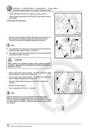 Protectedbycopyright.Copyi
ngforprivateorcommercialpurposes,inpartorinwhole,isnotpermittedunle
ssauthorisedbyVolkswagenAG.VolkswagenAGdoesnot guaranteeorac
ceptanyliabilitywithrespecttothecorrectnessofinformationinthisdocum
en
t.CopyrightbyVolkswagenAG.
– Unbolt fuel filter bracket from engine mounting -arrows-.
– Unbolt coolant expansion tank and lay to side (hoses remain
connected).
Continuation for all vehicles
– Remove securing bolts between assembly mounting and en‐
gine bracket and between assembly mounting and body
-arrows- and remove complete assembly mountings.
Note
♦ The assembly mounting may only be removed if the engine is
supported with support bracket -10-222A- !
♦ The engine bracket must be loosened only when the assembly
mounting has been removed.
WARNING
When raising and lowering engine using support bracket
-10-222A- , ensure that no components or hoses are damaged,
strained or torn off.
– Raise engine with support bracket -10-222A- until both upper
bolts of engine bracket can be loosened.
– Lower engine with support bracket -10-222A- until both lower
bolts of engine bracket can be loosened.
– Remove refrigerant line securing clamp from longitudinal
member.
– Remove engine support.
– Turn crankshaft to TDC No. 1 cylinder.
Note
Gradual introduction of oval crankshaft toothed belt pulleys.
When installing this toothed belt pulley, the crankshaft stop -
T10100- must be installed to determine the TDC position instead
of crankshaft stop -T10050- . Observe identification characteris‐
tics -arrows-.
Golf 2004 ➤ , Golf Plus 2005 ➤ , Passat 2006 ➤ , Touran 2003 ➤
4-cylinder diesel engine (1.9 l engine) - Edition 08.2010
70 Rep. gr.15 - Cylinder head, valve gear
 