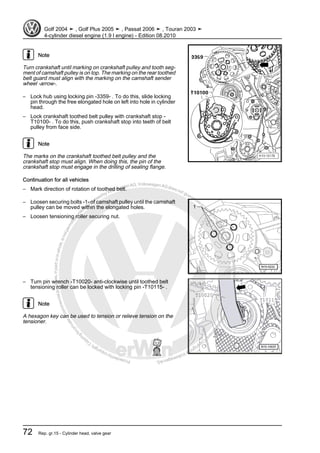 Protectedbycopyright.Copyi
ngforprivateorcommercialpurposes,inpartorinwhole,isnotpermittedunle
ssauthorisedbyVolkswagenAG.VolkswagenAGdoesnot guaranteeorac
ceptanyliabilitywithrespecttothecorrectnessofinformationinthisdocum
en
t.CopyrightbyVolkswagenAG.
Note
Turn crankshaft until marking on crankshaft pulley and tooth seg‐
ment of camshaft pulley is on top. The marking on the rear toothed
belt guard must align with the marking on the camshaft sender
wheel -arrow-.
– Lock hub using locking pin -3359- . To do this, slide locking
pin through the free elongated hole on left into hole in cylinder
head.
– Lock crankshaft toothed belt pulley with crankshaft stop -
T10100- . To do this, push crankshaft stop into teeth of belt
pulley from face side.
Note
The marks on the crankshaft toothed belt pulley and the
crankshaft stop must align. When doing this, the pin of the
crankshaft stop must engage in the drilling of sealing flange.
Continuation for all vehicles
– Mark direction of rotation of toothed belt.
– Loosen securing bolts -1- of camshaft pulley until the camshaft
pulley can be moved within the elongated holes.
– Loosen tensioning roller securing nut.
– Turn pin wrench -T10020- anti-clockwise until toothed belt
tensioning roller can be locked with locking pin -T10115- .
Note
A hexagon key can be used to tension or relieve tension on the
tensioner.
Golf 2004 ➤ , Golf Plus 2005 ➤ , Passat 2006 ➤ , Touran 2003 ➤
4-cylinder diesel engine (1.9 l engine) - Edition 08.2010
72 Rep. gr.15 - Cylinder head, valve gear
 