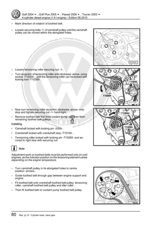 Protectedbycopyright.Copyi
ngforprivateorcommercialpurposes,inpartorinwhole,isnotpermittedunle
ssauthorisedbyVolkswagenAG.VolkswagenAGdoesnot guaranteeorac
ceptanyliabilitywithrespecttothecorrectnessofinformationinthisdocum
en
t.CopyrightbyVolkswagenAG.
– Mark direction of rotation of toothed belt.
– Loosen securing bolts -1- of camshaft pulley until the camshaft
pulley can be moved within the elongated holes.
– Loosen tensioning roller securing nut -1-.
– Turn eccentric of tensioning roller anti-clockwise -arrow- using
socket -T10264- , until the tensioning roller can be locked with
locking tool -T10265- .
– Now turn tensioning roller eccentric clockwise -arrow- onto
stop and tighten securing nut -1- hand-tight.
– Remove toothed belt first from coolant pump and then from
remaining toothed belt pulleys.
Installing
• Camshaft locked with locking pin -3359- .
• Crankshaft locked with crankshaft stop -T10100- .
• Tensioning roller locked with locking pin -T10265- and se‐
cured to right stop with securing nut.
Note
Adjustment work on toothed belts must be performed only on cold
engines, as the indicator position on the tensioning element varies
depending on the engine temperature.
– Turn camshaft pulley in its elongated holes to centre
position -arrows-.
– Guide toothed belt through gap between engine support and
engine.
– Fit toothed belt onto crankshaft toothed belt pulley, tensioning
roller, camshaft toothed belt pulley and idler roller.
– Then fit toothed belt on coolant pump toothed belt pulley.
Golf 2004 ➤ , Golf Plus 2005 ➤ , Passat 2006 ➤ , Touran 2003 ➤
4-cylinder diesel engine (1.9 l engine) - Edition 08.2010
80 Rep. gr.15 - Cylinder head, valve gear
 