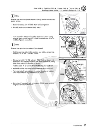 Protectedbycopyright.Copyi
ngforprivateorcommercialpurposes,inpartorinwhole,isnotpermittedunle
ssauthorisedbyVolkswagenAG.VolkswagenAGdoesnot guaranteeorac
ceptanyliabilitywithrespecttothecorrectnessofinformationinthisdocum
en
t.CopyrightbyVolkswagenAG.
Note
Ensure that tensioning roller seats correctly in rear toothed belt
guard -arrow-.
– Remove locking pin -T10265- from tensioning roller.
– Loosen tensioning roller securing nut -1-.
– Turn eccentric of tensioning roller clockwise -arrow- using
special wrench, long reach -T10264- until indicator -2- is in
middle of gap in base plate.
Note
Ensure that securing nut does not turn as well.
– Hold tensioning roller in this position and tighten tensioning
roller nut to 20 Nm + turn 45° further.
– Fit counterhold -T10172- with pin -T10172/4- as shown in il‐
lustration, and keep the toothed belt under tension on pulling
side, by pressing in -direction of arrow-.
– Tighten bolts -1- of camshaft toothed belt pulley to 25 Nm.
– Remove locking pin -3359- and crankshaft stop -T10100- .
– Turn crankshaft two rotations in engine direction of rotation
until the crankshaft is just before TDC again.
– Lock hub of camshaft with locking pin -3359- whilst turning
engine in direction of rotation.
Golf 2004 ➤ , Golf Plus 2005 ➤ , Passat 2006 ➤ , Touran 2003 ➤
4-cylinder diesel engine (1.9 l engine) - Edition 08.2010
1. Cylinder head 81
 
