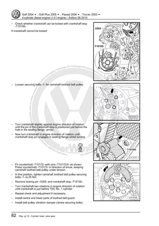 Protectedbycopyright.Copyi
ngforprivateorcommercialpurposes,inpartorinwhole,isnotpermittedunle
ssauthorisedbyVolkswagenAG.VolkswagenAGdoesnot guaranteeorac
ceptanyliabilitywithrespecttothecorrectnessofinformationinthisdocum
en
t.CopyrightbyVolkswagenAG.
– Check whether crankshaft can be locked with crankshaft stop
-T10100- .
If crankshaft cannot be locked:
– Loosen securing bolts -1- for camshaft toothed belt pulley.
– Turn crankshaft slightly against engine direction of rotation
until the pin of the crankshaft stop is positioned just before the
hole in the sealing flange -arrow-.
– Now turn crankshaft in engine direction of rotation until
crankshaft stop pin engages in sealing flange whilst turning.
– Fit counterhold -T10172- with pins -T10172/4- as shown.
Press counterhold -T10172- in direction of arrow, keeping
camshaft toothed belt pulley under tension.
– In this position, tighten camshaft toothed belt pulley securing
bolts -1- to 25 Nm.
– Remove locking pin -3359- and crankshaft stop -T10100- .
– Turn crankshaft two rotations in engine direction of rotation
until crankshaft is just before TDC No. 1 cylinder.
– Repeat check and adjustment if necessary.
– Install centre and lower parts of toothed belt guard.
– Install belt pulley vibration damper (renew securing bolts).
Golf 2004 ➤ , Golf Plus 2005 ➤ , Passat 2006 ➤ , Touran 2003 ➤
4-cylinder diesel engine (1.9 l engine) - Edition 08.2010
82 Rep. gr.15 - Cylinder head, valve gear
 