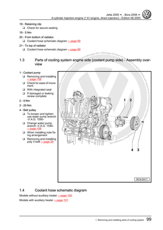 Protectedbycopyright.Copyi
ngforprivateorcommercialpurposes,inpartorinwhole,isnotpermittedunle
ssauthorisedbyVolkswagenAG.VolkswagenAGdoesnot guaranteeorac
ceptanyliabilitywithrespecttothecorrectnessofinformationinthisdocum
en
t.CopyrightbyVolkswagenAG.
18 - Retaining clip
❑ Check for secure seating
19 - 5 Nm
20 - From bottom of radiator.
❑ Coolant hose schematic diagram ⇒ page 99
21 - To top of radiator
❑ Coolant hose schematic diagram ⇒ page 99
1.3 Parts of cooling system engine side (coolant pump side) - Assembly over‐
view
1 - Coolant pump
❑ Removing and installing
⇒ page 108
❑ Check for ease of move‐
ment
❑ With integrated seal
❑ If damaged or leaking
renew complete
2 - 9 Nm
3 - 20 Nm
4 - Belt pulley
❑ To loosen and tighten
use water pump wrench
-V.A.G. 1590-
❑ Change water pump
wrench -V.A.G. 1590-
⇒ page 108
❑ When installing note fix‐
ing arrangement
❑ Removing and installing
poly V-belt ⇒ page 29
1.4 Coolant hose schematic diagram
Models without auxiliary heater ⇒ page 100
Models with auxiliary heater ⇒ page 101
Jetta 2005 ➤ , Bora 2006 ➤
4-cylinder Injection engine (1.6 l engine, direct injection) - Edition 08.2005
1. Removing and installing parts of cooling system 99
 