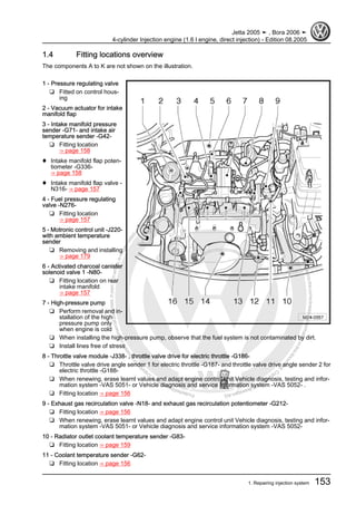 Protectedbycopyright.Copyi
ngforprivateorcommercialpurposes,inpartorinwhole,isnotpermittedunle
ssauthorisedbyVolkswagenAG.VolkswagenAGdoesnot guaranteeorac
ceptanyliabilitywithrespecttothecorrectnessofinformationinthisdocum
en
t.CopyrightbyVolkswagenAG.
1.4 Fitting locations overview
The components A to K are not shown on the illustration.
1 - Pressure regulating valve
❑ Fitted on control hous‐
ing
2 - Vacuum actuator for intake
manifold flap
3 - Intake manifold pressure
sender -G71- and intake air
temperature sender -G42-
❑ Fitting location
⇒ page 158
♦ Intake manifold flap poten‐
tiometer -G336-
⇒ page 158
♦ Intake manifold flap valve -
N316- ⇒ page 157
4 - Fuel pressure regulating
valve -N276-
❑ Fitting location
⇒ page 157
5 - Motronic control unit -J220-
with ambient temperature
sender
❑ Removing and installing
⇒ page 179
6 - Activated charcoal canister
solenoid valve 1 -N80-
❑ Fitting location on rear
intake manifold
⇒ page 157
7 - High-pressure pump
❑ Perform removal and in‐
stallation of the high
pressure pump only
when engine is cold
❑ When installing the high-pressure pump, observe that the fuel system is not contaminated by dirt.
❑ Install lines free of stress
8 - Throttle valve module -J338- , throttle valve drive for electric throttle -G186-
❑ Throttle valve drive angle sender 1 for electric throttle -G187- and throttle valve drive angle sender 2 for
electric throttle -G188-
❑ When renewing, erase learnt values and adapt engine control unit Vehicle diagnosis, testing and infor‐
mation system -VAS 5051- or Vehicle diagnosis and service information system -VAS 5052- .
❑ Fitting location ⇒ page 156
9 - Exhaust gas recirculation valve -N18- and exhaust gas recirculation potentiometer -G212-
❑ Fitting location ⇒ page 156
❑ When renewing, erase learnt values and adapt engine control unit Vehicle diagnosis, testing and infor‐
mation system -VAS 5051- or Vehicle diagnosis and service information system -VAS 5052-
10 - Radiator outlet coolant temperature sender -G83-
❑ Fitting location ⇒ page 159
11 - Coolant temperature sender -G62-
❑ Fitting location ⇒ page 156
Jetta 2005 ➤ , Bora 2006 ➤
4-cylinder Injection engine (1.6 l engine, direct injection) - Edition 08.2005
1. Repairing injection system 153
 