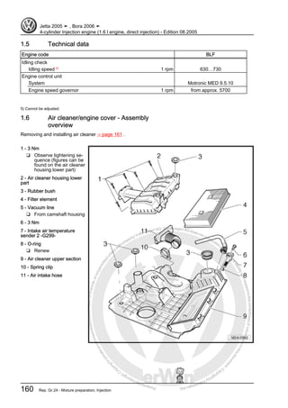 Protectedbycopyright.Copyi
ngforprivateorcommercialpurposes,inpartorinwhole,isnotpermittedunle
ssauthorisedbyVolkswagenAG.VolkswagenAGdoesnot guaranteeorac
ceptanyliabilitywithrespecttothecorrectnessofinformationinthisdocum
en
t.CopyrightbyVolkswagenAG.
1.5 Technical data
Engine code BLF
Idling check
Idling speed 5)
1 rpm 630…730
Engine control unit
System Motronic MED 9.5.10
Engine speed governor 1 rpm from approx. 5700
5) Cannot be adjusted.
1.6 Air cleaner/engine cover - Assembly
overview
Removing and installing air cleaner ⇒ page 161 .
1 - 3 Nm
❑ Observe tightening se‐
quence (figures can be
found on the air cleaner
housing lower part)
2 - Air cleaner housing lower
part
3 - Rubber bush
4 - Filter element
5 - Vacuum line
❑ From camshaft housing
6 - 3 Nm
7 - Intake air temperature
sender 2 -G299-
8 - O-ring
❑ Renew
9 - Air cleaner upper section
10 - Spring clip
11 - Air intake hose
Jetta 2005 ➤ , Bora 2006 ➤
4-cylinder Injection engine (1.6 l engine, direct injection) - Edition 08.2005
160 Rep. Gr.24 - Mixture preparation, Injection
 
