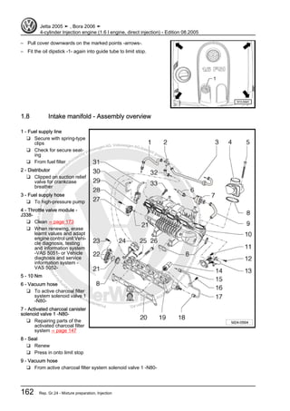 Protectedbycopyright.Copyi
ngforprivateorcommercialpurposes,inpartorinwhole,isnotpermittedunle
ssauthorisedbyVolkswagenAG.VolkswagenAGdoesnot guaranteeorac
ceptanyliabilitywithrespecttothecorrectnessofinformationinthisdocum
en
t.CopyrightbyVolkswagenAG.
– Pull cover downwards on the marked points -arrows-.
– Fit the oil dipstick -1- again into guide tube to limit stop.
1.8 Intake manifold - Assembly overview
1 - Fuel supply line
❑ Secure with spring-type
clips
❑ Check for secure seat‐
ing
❑ From fuel filter
2 - Distributor
❑ Clipped on suction relief
valve for crankcase
breather
3 - Fuel supply hose
❑ To high-pressure pump
4 - Throttle valve module -
J338-
❑ Clean ⇒ page 173
❑ When renewing, erase
learnt values and adapt
engine control unit Vehi‐
cle diagnosis, testing
and information system
-VAS 5051- or Vehicle
diagnosis and service
information system -
VAS 5052-
5 - 10 Nm
6 - Vacuum hose
❑ To active charcoal filter
system solenoid valve 1
-N80-
7 - Activated charcoal canister
solenoid valve 1 -N80-
❑ Repairing parts of the
activated charcoal filter
system ⇒ page 147
8 - Seal
❑ Renew
❑ Press in onto limit stop
9 - Vacuum hose
❑ From active charcoal filter system solenoid valve 1 -N80-
Jetta 2005 ➤ , Bora 2006 ➤
4-cylinder Injection engine (1.6 l engine, direct injection) - Edition 08.2005
162 Rep. Gr.24 - Mixture preparation, Injection
 