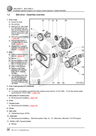 Protectedbycopyright.Copyi
ngforprivateorcommercialpurposes,inpartorinwhole,isnotpermittedunle
ssauthorisedbyVolkswagenAG.VolkswagenAGdoesnot guaranteeorac
ceptanyliabilitywithrespecttothecorrectnessofinformationinthisdocum
en
t.CopyrightbyVolkswagenAG.
1.2 Belt drive - Assembly overview
1 - Poly V-belt
❑ Check for wear
❑ Do not kink
❑ Mark D.O.R. with chalk
or a felt tipped pen be‐
fore removing. Reverse
direction of rotation may
lead to destruction with
used belts
❑ Removing and installing
⇒ page 29
❑ Ribbed belt routing in
vehicles with air condi‐
tioner ⇒ page 30
❑ Ribbed belt routing in
vehicles without air con‐
ditioner ⇒ page 30
2 - Bolt
❑ Observe tightening pro‐
cedure ⇒ page 40
❑ Renew
❑ Contact surface of the
securing bolt must be
free of oil and grease
❑ Insert oiled (thread)
❑ Secure poly V-belt
sprocket with counter-
hold -3415- against
turning
❑ The turning further an‐
gle can be measured
with a commercially
available angle measur‐
ing instrument e.g. Ha‐
zet 6690
3 - Poly V-belt sprocket for crankshaft
4 - 20 Nm
❑ To loosen and tighten counterhold with coolant pump wrench -V.A.G 1590- . To do this rework water
pump wrench -V.A.G 1590- ⇒ page 108
5 - Belt pulley for coolant pump
❑ Removing and installing ⇒ page 108
6 - 9 Nm
7 - Coolant pump
❑ Removing and installing ⇒ page 108
8 - 25 Nm
9 - Idler roller
❑ Tightening torque: 40 Nm
10 - Alternator
❑ Removing and installing ⇒ Electrical system; Rep. Gr. 27 ; Alternator; Alternator 1.6 l FSI engine
11 - 20 Nm + 90° (1/4 turn) further
❑ Renew
Jetta 2005 ➤ , Bora 2006 ➤
4-cylinder Injection engine (1.6 l engine, direct injection) - Edition 08.2005
26 Rep. Gr.13 - Crankshaft group
 