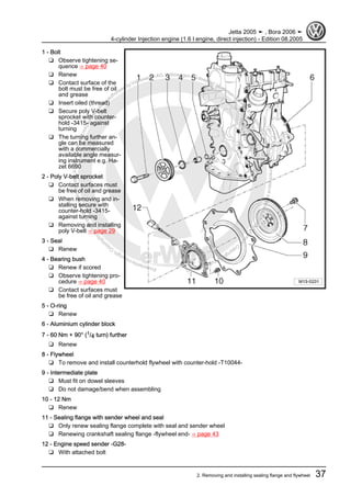 Protectedbycopyright.Copyi
ngforprivateorcommercialpurposes,inpartorinwhole,isnotpermittedunle ssauthorisedbyVolkswagenAG.VolkswagenAGdoesnot guaranteeorac
ceptanyliabilitywithrespecttothecorrectnessofinformationinthisdocum
ent.CopyrightbyVolkswagenAG.
1 - Bolt
❑ Observe tightening se‐
quence ⇒ page 40
❑ Renew
❑ Contact surface of the
bolt must be free of oil
and grease
❑ Insert oiled (thread)
❑ Secure poly V-belt
sprocket with counter-
hold -3415- against
turning
❑ The turning further an‐
gle can be measured
with a commercially
available angle measur‐
ing instrument e.g. Ha‐
zet 6690
2 - Poly V-belt sprocket
❑ Contact surfaces must
be free of oil and grease
❑ When removing and in‐
stalling secure with
counter-hold -3415-
against turning
❑ Removing and installing
poly V-belt ⇒ page 29
3 - Seal
❑ Renew
4 - Bearing bush
❑ Renew if scored
❑ Observe tightening pro‐
cedure ⇒ page 40
❑ Contact surfaces must
be free of oil and grease
5 - O-ring
❑ Renew
6 - Aluminium cylinder block
7 - 60 Nm + 90° (1/4 turn) further
❑ Renew
8 - Flywheel
❑ To remove and install counterhold flywheel with counter-hold -T10044-
9 - Intermediate plate
❑ Must fit on dowel sleeves
❑ Do not damage/bend when assembling
10 - 12 Nm
❑ Renew
11 - Sealing flange with sender wheel and seal
❑ Only renew sealing flange complete with seal and sender wheel
❑ Renewing crankshaft sealing flange -flywheel end- ⇒ page 43
12 - Engine speed sender -G28-
❑ With attached bolt
Jetta 2005 ➤ , Bora 2006 ➤
4-cylinder Injection engine (1.6 l engine, direct injection) - Edition 08.2005
2. Removing and installing sealing flange and flywheel 37
 