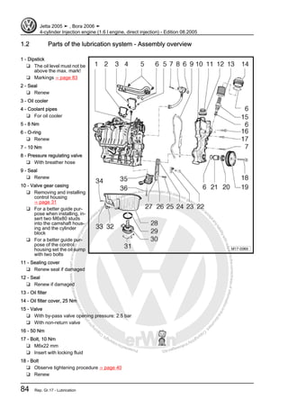 Protectedbycopyright.Copyi
ngforprivateorcommercialpurposes,inpartorinwhole,isnotpermittedunle
ssauthorisedbyVolkswagenAG.VolkswagenAGdoesnot guaranteeorac
ceptanyliabilitywithrespecttothecorrectnessofinformationinthisdocum
en
t.CopyrightbyVolkswagenAG.
1.2 Parts of the lubrication system - Assembly overview
1 - Dipstick
❑ The oil level must not be
above the max. mark!
❑ Markings ⇒ page 83
2 - Seal
❑ Renew
3 - Oil cooler
4 - Coolant pipes
❑ For oil cooler
5 - 8 Nm
6 - O-ring
❑ Renew
7 - 10 Nm
8 - Pressure regulating valve
❑ With breather hose
9 - Seal
❑ Renew
10 - Valve gear casing
❑ Removing and installing
control housing
⇒ page 31
❑ For a better guide pur‐
pose when installing, in‐
sert two M6x80 studs
into the camshaft hous‐
ing and the cylinder
block
❑ For a better guide pur‐
pose of the control
housing set the oil sump
with two bolts
11 - Sealing cover
❑ Renew seal if damaged
12 - Seal
❑ Renew if damaged
13 - Oil filter
14 - Oil filter cover, 25 Nm
15 - Valve
❑ With by-pass valve opening pressure: 2.5 bar
❑ With non-return valve
16 - 50 Nm
17 - Bolt, 10 Nm
❑ M6x22 mm
❑ Insert with locking fluid
18 - Bolt
❑ Observe tightening procedure ⇒ page 40
❑ Renew
Jetta 2005 ➤ , Bora 2006 ➤
4-cylinder Injection engine (1.6 l engine, direct injection) - Edition 08.2005
84 Rep. Gr.17 - Lubrication
 
