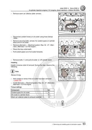 Protectedbycopyright.Copyi
ngforprivateorcommercialpurposes,inpartorinwhole,isnotpermittedunle
ssauthorisedbyVolkswagenAG.VolkswagenAGdoesnot guaranteeorac
ceptanyliabilitywithrespecttothecorrectnessofinformationinthisdocum
en
t.CopyrightbyVolkswagenAG.
– Remove warm air collector plate -arrows-.
– Disconnect coolant hoses on oil cooler using hose clamps
-3094- .
– Remove securing bolts -arrows- for coolant pipes on cylinder
block and on oil cooler.
– Remove alternator ⇒ Electrical system; Rep. Gr. 27 ; Alter‐
nator; Alternator 1.6 l FSI engine .
– Place drip tray underneath.
– Pull coolant pipes out of oil cooler forwards.
– Remove bolts -1- and pull oil cooler -2- off cylinder block.
Installing
Install in reverse order of removal. During this step, observe the
following:
Note
Renew O-ring.
– Add coolant or renew if the oil cooler has been removed
⇒ page 102 .
– Install alternator ⇒ Electrical system; Rep. Gr. 27 ; Alternator;
Alternator 1.6 l FSI engine .
Torque settings
Component Nm
Coolant pipes for oil cooler 8
Oil cooler to cylinder block 8
Warm air collector plate to exhaust manifold 10
Jetta 2005 ➤ , Bora 2006 ➤
4-cylinder Injection engine (1.6 l engine, direct injection) - Edition 08.2005
1. Removing and installing parts of lubrication system 93
 