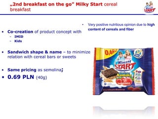 „2nd breakfast on the go” Milky Start cereal
   breakfast


                                        •   Very positive nutritious opinion due to high
                                            content of cereals and fiber
• Co-creation of product concept with
   – IMID
   – Kids


• Sandwich shape & name – to minimize
  relation with cereal bars or sweets


• Same pricing as semolina;
• 0.69 PLN     (40g)
 