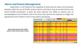 Alarm and Events Management
Supervision is not limited to the capability of observing the status of the process
elements. With the use of SCADA, process Alarms and Events may be monitored from the
central SCADA workstation. It gives the plant operator the ability to interact such as
acknowledgment and inhibition and at the same time, permits the operator to trigger the
appropriate action relative to the current alarms and events.
Alarm Management for SCADA
system show various Alarm Rates
 