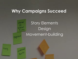 Why Campaigns Succeed
Story Elements
Design
Movement-building
 