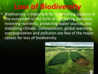 Loss of Biodiversity
• Biodiversity is important for maintaining balance of
the ecosystem in the form of combating pollution,
restoring nutrients, protecting water sources and
stabilizing climate. Deforestation, global warming,
overpopulation and pollution are few of the major
causes for loss of biodiversity.
 
