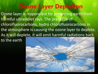 Ozone Layer Depletion
Ozone layer is responsible for protecting earth from
harmful ultraviolet rays. The presence of
chlorofluorocarbons, hydro chlorofluorocarbons in
the atmosphere is causing the ozone layer to deplete.
As it will deplete, it will emit harmful radiations back
to the earth
 