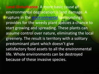 Land Disturbance: A more basic cause of
environmental degradation is land damage. A
rupture in the environmental surroundings
provides for the weedy plant species a chance to
start growing and spreading. These plants can
assume control over nature, eliminating the local
greenery. The result is territory with a solitary
predominant plant which doesn’t give
satisfactory food assets to all the environmental
life. Whole environments can be destroyed
because of these invasive species.
 