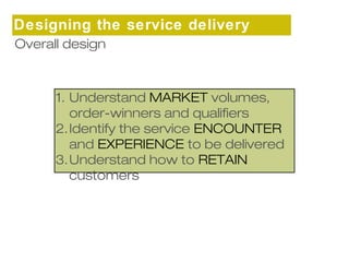 Designing the service delivery 
system 
Overall design 
1. Understand MARKET volumes, 
order-winners and qualifiers 
2.Identify the service ENCOUNTER 
and EXPERIENCE to be delivered 
3.Understand how to RETAIN 
customers 
 