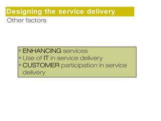 Designing the service delivery 
sOythseter mfactors 
• ENHANCING services 
• Use of IT in service delivery 
• CUSTOMER participation in service 
delivery 
 