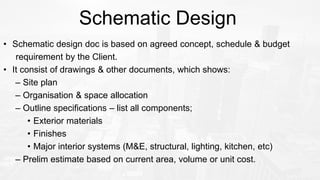 Schematic Design
• Schematic design doc is based on agreed concept, schedule & budget
requirement by the Client.
• It consist of drawings & other documents, which shows:
– Site plan
– Organisation & space allocation
– Outline specifications – list all components;
• Exterior materials
• Finishes
• Major interior systems (M&E, structural, lighting, kitchen, etc)
– Prelim estimate based on current area, volume or unit cost.
 