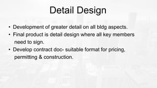 Detail Design
• Development of greater detail on all bldg aspects.
• Final product is detail design where all key members
need to sign.
• Develop contract doc- suitable format for pricing,
permitting & construction.
 