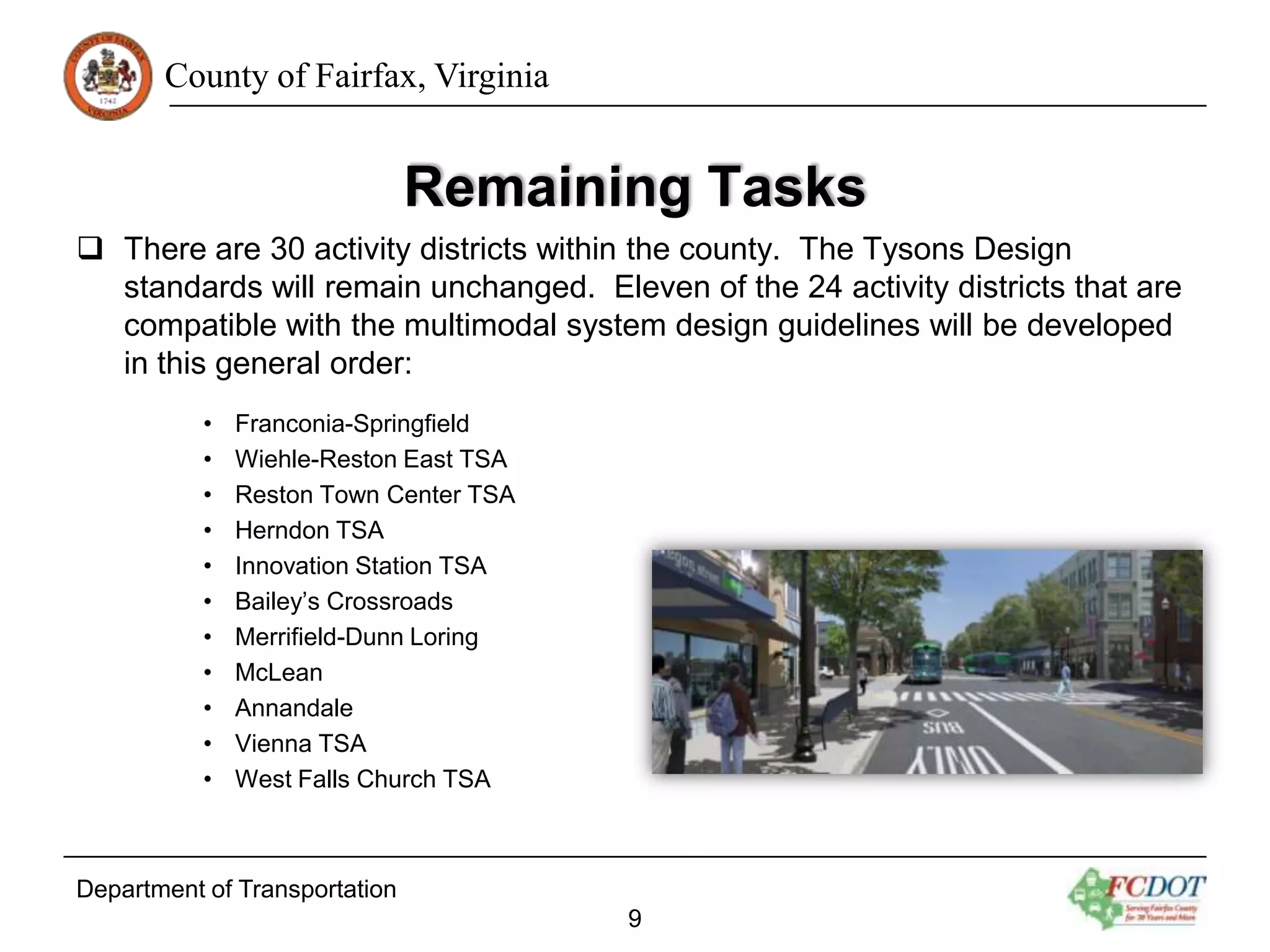 County of Fairfax, Virginia

Remaining Tasks
 There are 30 activity districts within the county. The Tysons Design
standards will remain unchanged. Eleven of the 24 activity districts that are
compatible with the multimodal system design guidelines will be developed
in this general order:
•
•
•
•
•
•
•
•
•
•
•

Franconia-Springfield
Wiehle-Reston East TSA
Reston Town Center TSA
Herndon TSA
Innovation Station TSA
Bailey’s Crossroads
Merrifield-Dunn Loring
McLean
Annandale
Vienna TSA
West Falls Church TSA

Department of Transportation
9

 
