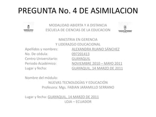 PREGUNTA No. 4 DE ASIMILACION MODALIDAD ABIERTA Y A DISTANCIA ESCUELA DE CIENCIAS DE LA EDUCACION   MAESTRIA EN GERENCIA Y LIDERAZGO EDUCACIONAL Apellidos y nombres:  ALEXANDRA RUANO SÁNCHEZ No. De cédula: 097201413 Centro Universitario: GUAYAQUIL Periodo Académico: NOVIEMBRE 2010 – MAYO 2011 Lugar y fecha:  GUAYAQUIL, 14 MARZO DE 2011   Nombre del módulo: NUEVAS TECNOLOGÍAS Y EDUCACIÓN Profesora: Mgs. FABIAN JARAMILLO SERRANO   Lugar y fecha:  GUAYAQUIL, 14 MARZO DE 2011 LOJA – ECUADOR 
