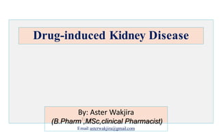 Drug-induced Kidney Disease
By: Aster Wakjira
(B.Pharm ,MSc,clinical Pharmacist)
Email:asterwakjira@gmail.com
 